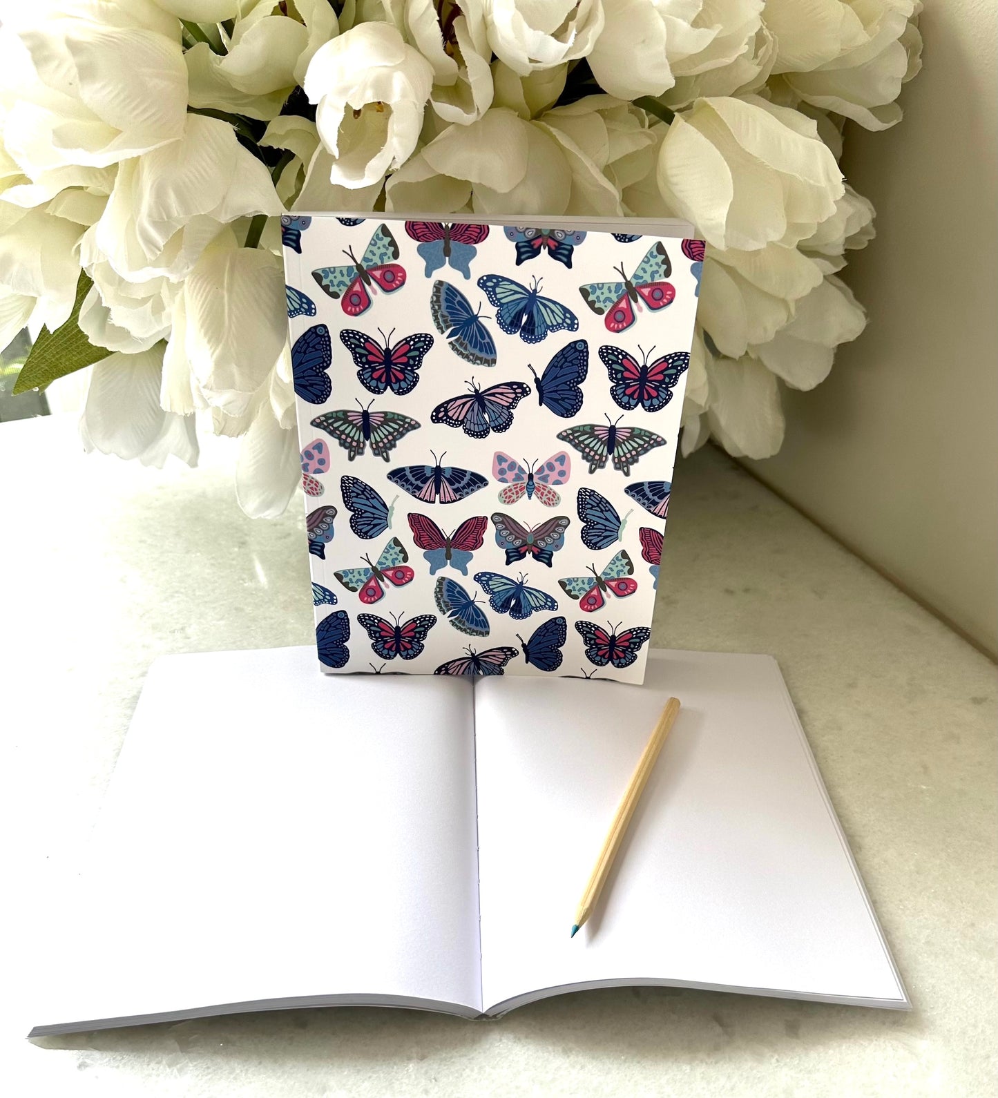 Painted Butterfly Pattern Softcover Layflat Journal with Inspirational phrase on Spine