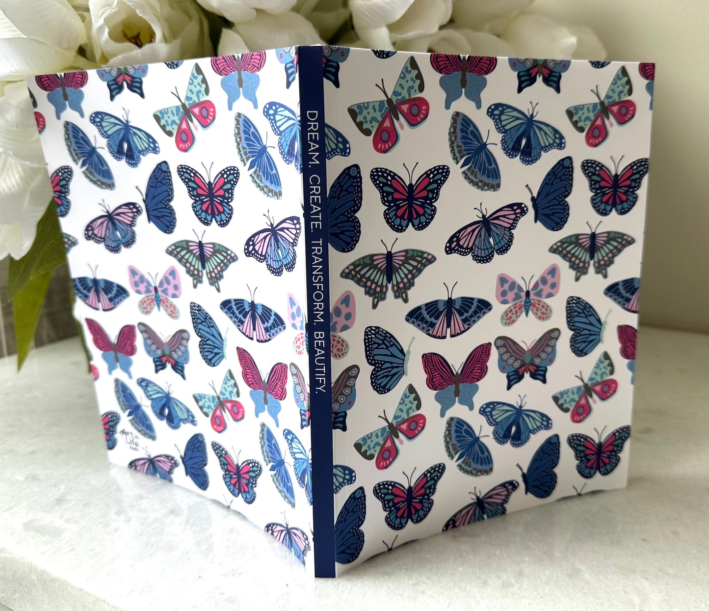 Painted Butterfly Pattern Softcover Layflat Journal with Inspirational phrase on Spine