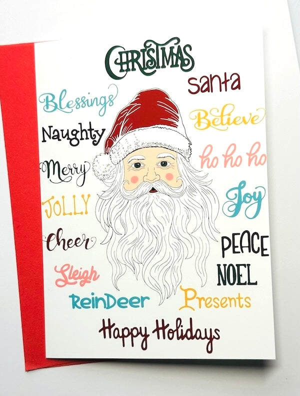 Santa Word Collage Christmas Holiday Greeting Card with Red Envelope