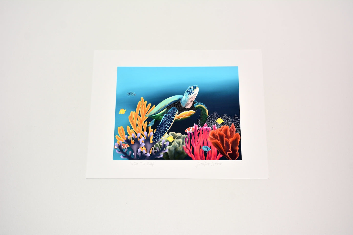 Turtle Swimming in Ocean with Colorful Sea Coral and Fish Art Print, Unframed