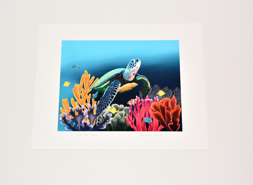 Turtle Swimming in Ocean with Colorful Sea Coral and Fish Art Print, Unframed