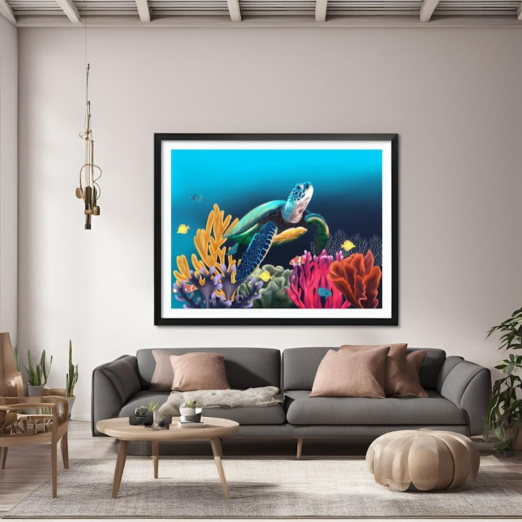 Turtle Swimming in Ocean with Colorful Sea Coral and Fish Art Print, Unframed