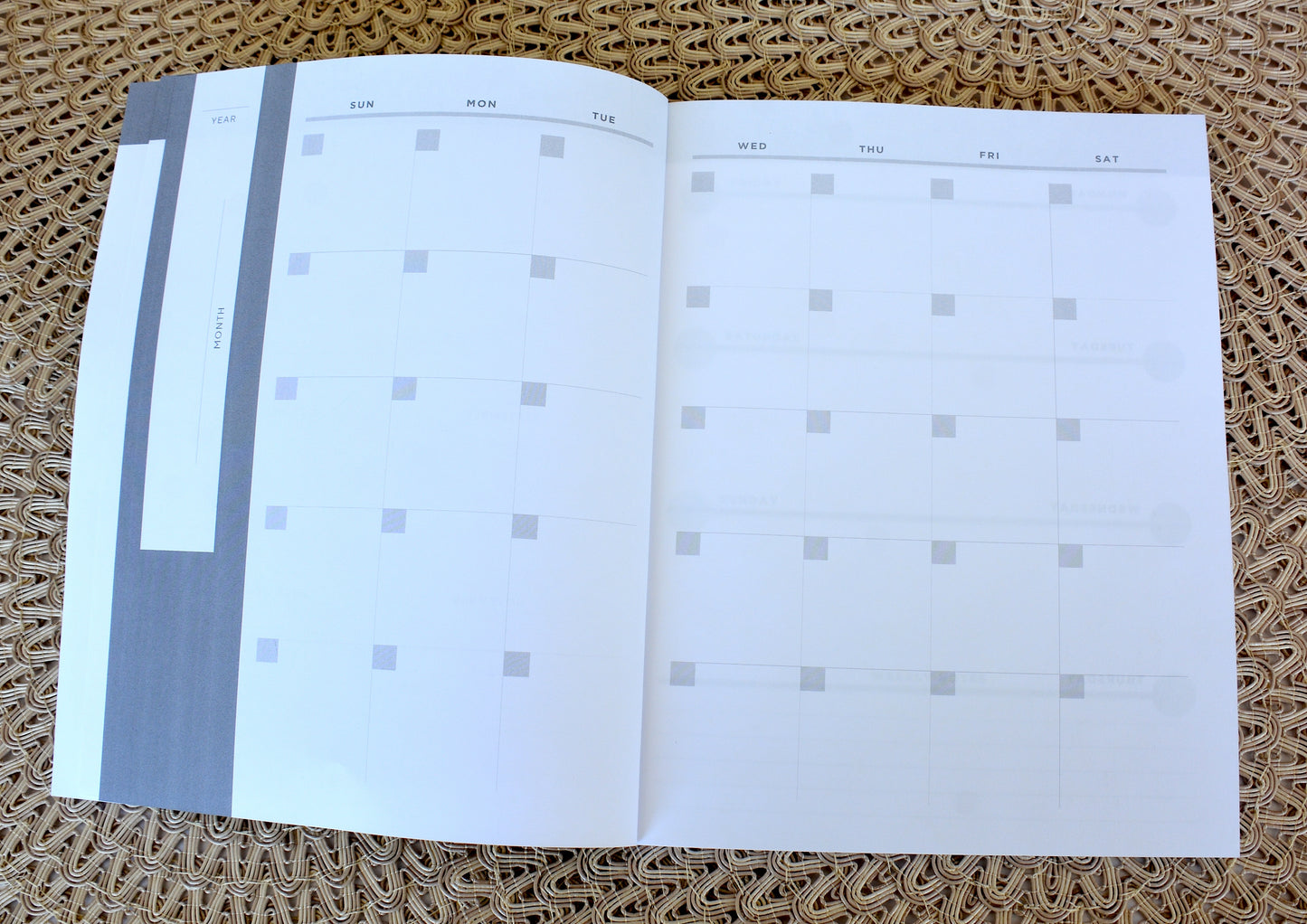 Undated Planner Softcover with Monthly and Weekly Layouts, Layflat Design