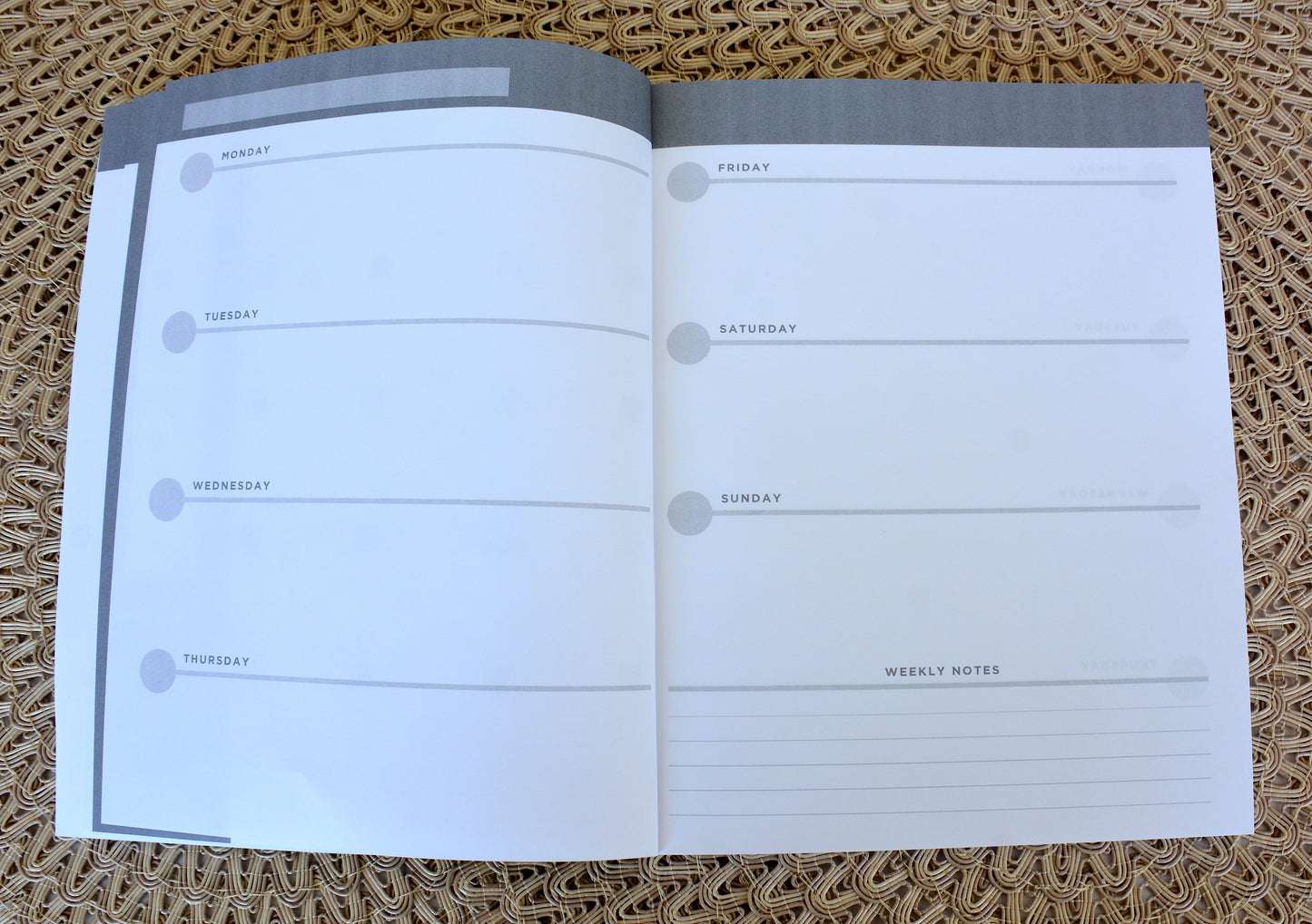 Undated Planner Softcover with Monthly and Weekly Layouts, Layflat Design