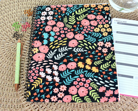 Flowing Floral and Leaves Pattern Wire Bound Spiral Lined Notebook, 8.5" x 11"