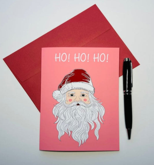 Ho! Ho! Ho! Santa Face with Santa Hat, Pink Christmas Greeting Card with Red Envelope