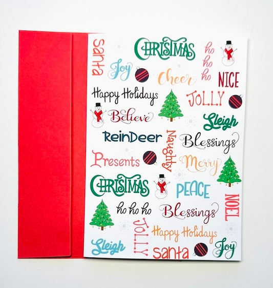 Holiday Word Collage Christmas Greeting Card with Red Envelope