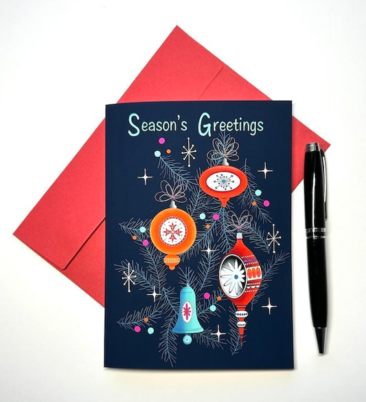 Mid-Century Retro Holiday Ornaments Classic Christmas Card with Red Envelope