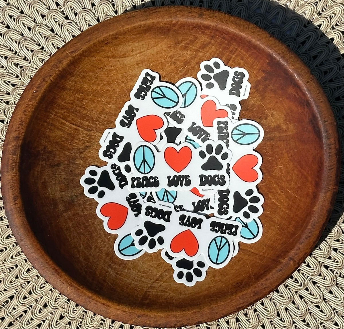Peace, Love, Dogs with Peace Sign, Heart, and Paw Print Durable Weatherproof Vinyl Sticker