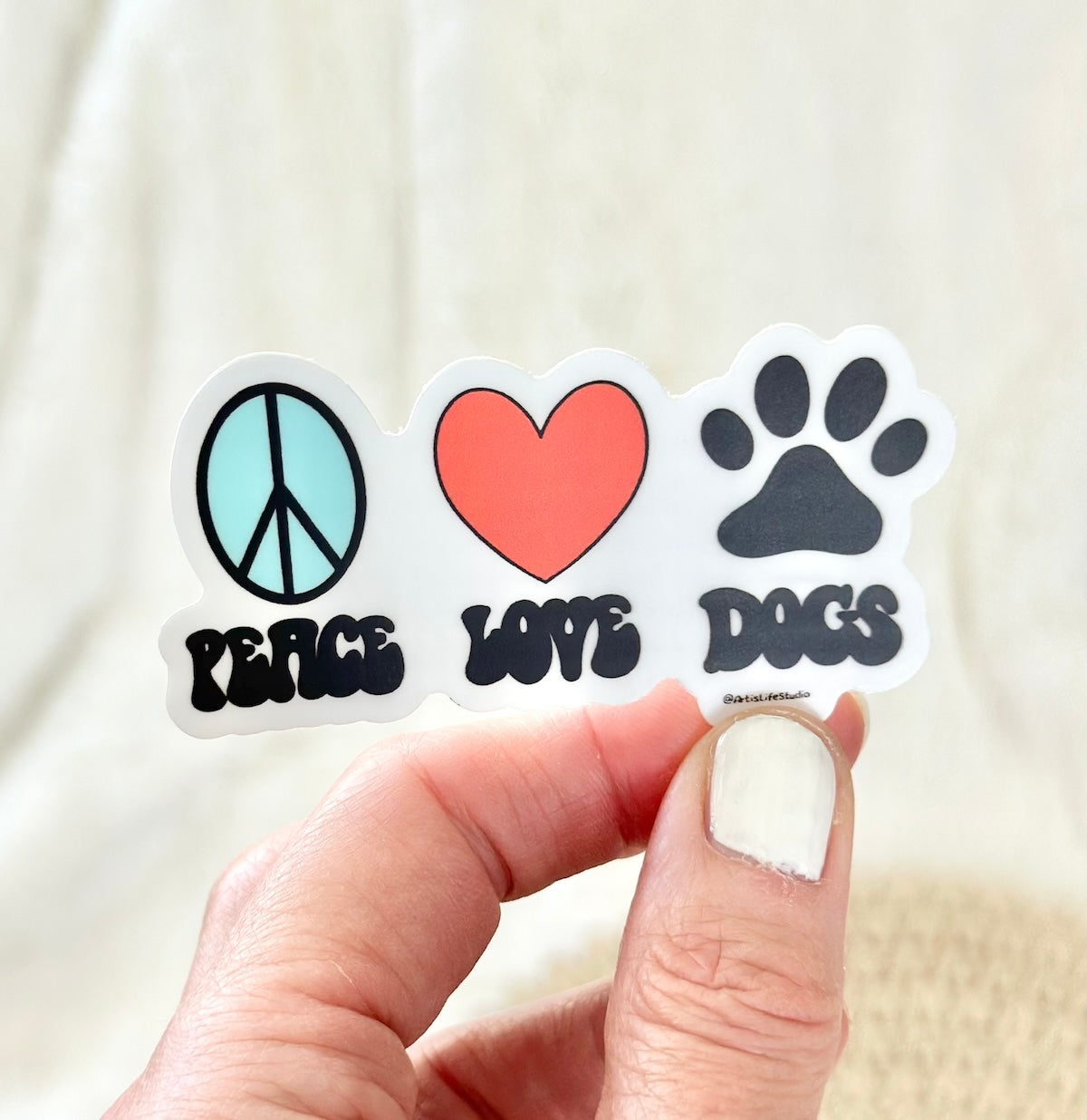 Peace, Love, Dogs with Peace Sign, Heart, and Paw Print Durable Weatherproof Vinyl Sticker