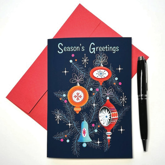 Retro Holiday Ornaments Christmas Card with Red Envelope