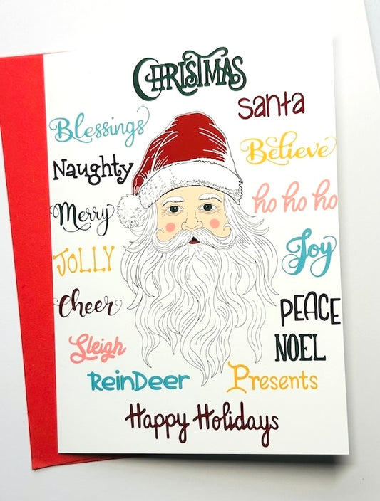 Santa Word Collage Christmas Holiday Greeting Card with Red Envelope