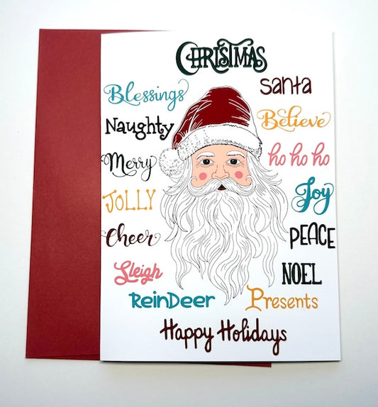 Santa with hat & Colorful Holiday Word Collage, Christmas Holiday Greeting Card with Red Envelope