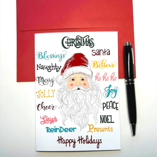 Santa Word Collage Christmas Holiday Greeting Card with Red Envelope