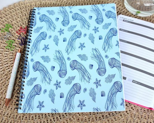 Sea Life Pattern with Jellyfish, Sea Coral, Seashells, and Starfish, Wire Bound, Lined, Spiral Notebook
