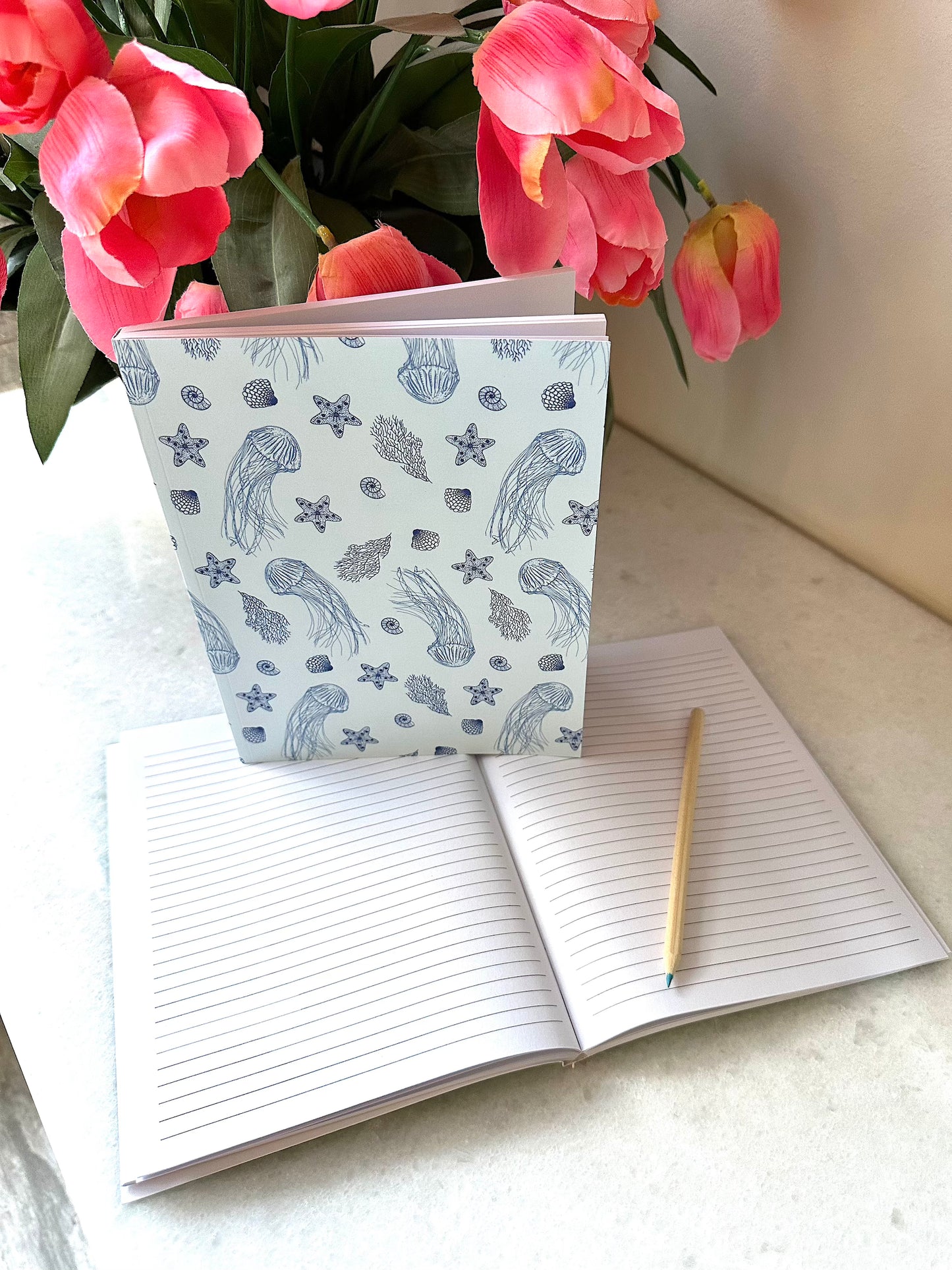 Sea Life Pattern with Jellyfish, Starfish, Seashells, and Coral, Softcover Layflat Journal with Inspirational Phrase on Spine