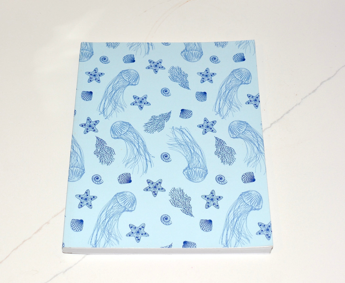 Sea Life Pattern with Jellyfish, Starfish, Seashells, and Coral, Softcover Layflat Journal with Inspirational Phrase on Spine