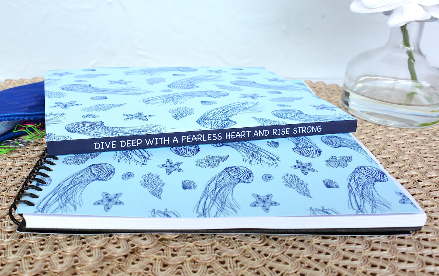 Sea Life Pattern with Jellyfish, Starfish, Seashells, and Coral, Softcover Layflat Journal with Inspirational Phrase on Spine