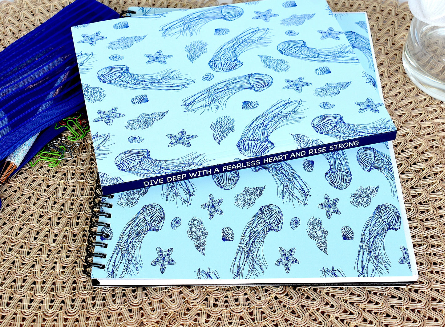 Sea Life Pattern with Jellyfish, Starfish, Seashells, and Coral, Softcover Layflat Journal with Inspirational Phrase on Spine