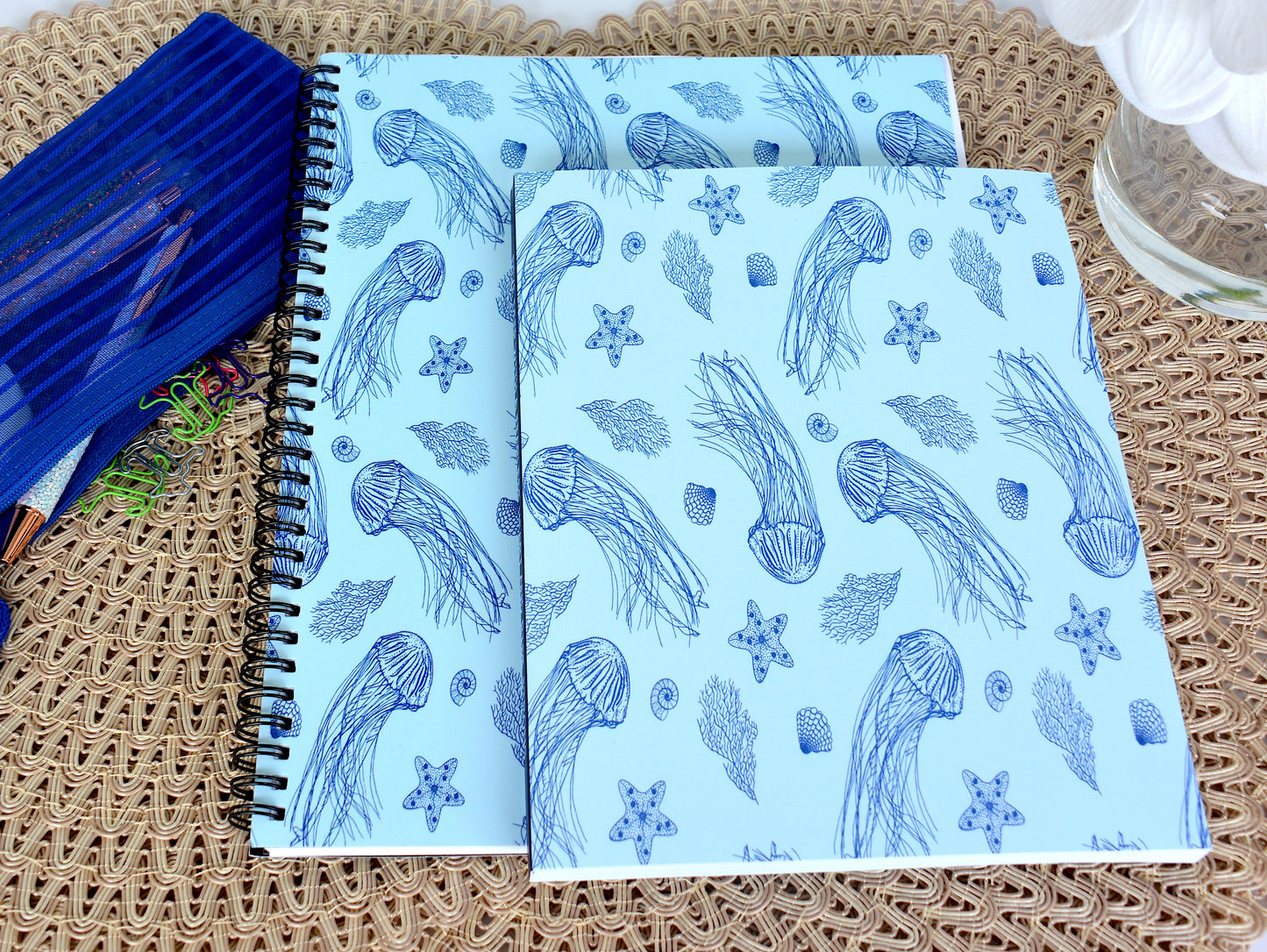 Sea Life Pattern with Jellyfish, Starfish, Seashells, and Coral, Softcover Layflat Journal with Inspirational Phrase on Spine