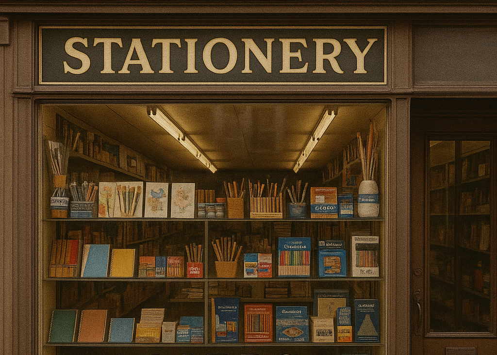 Stationery store front with shelves displaying books, cards, and art supplies.