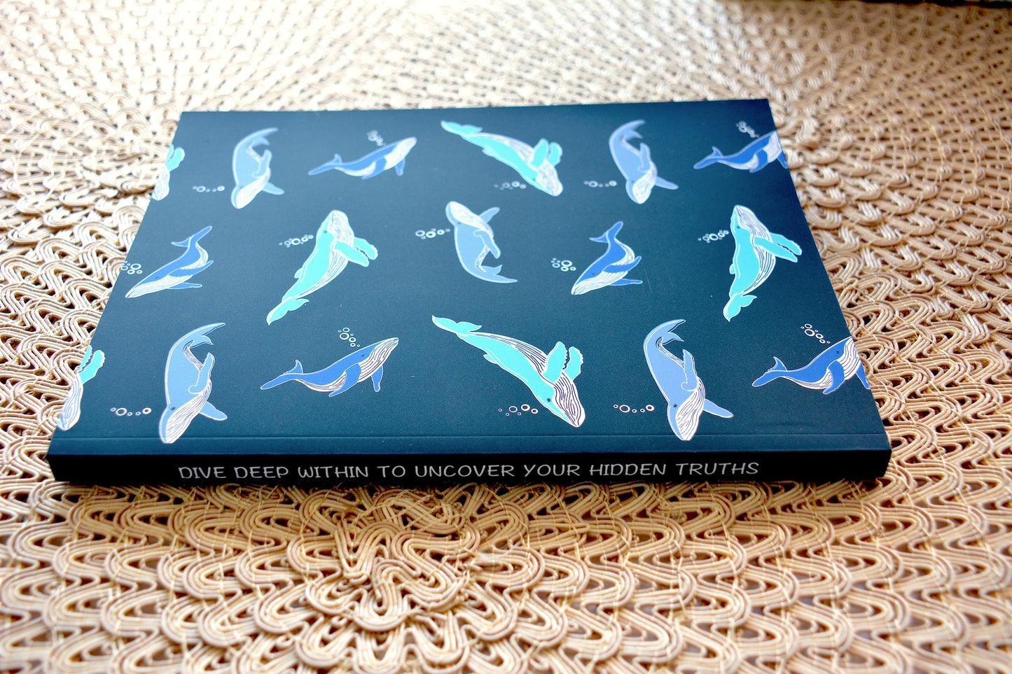 Whale Pattern Layflat Soft Cover Journal with Inspirational Phrase on Spine