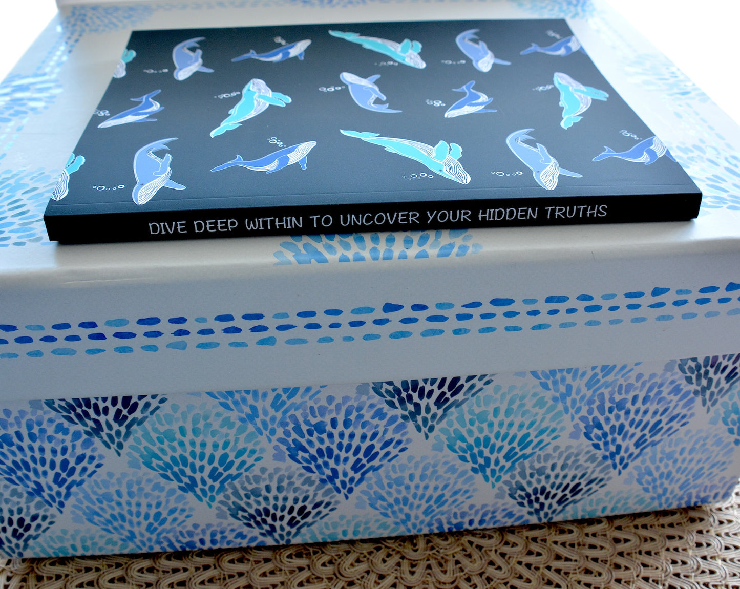 Whale Pattern Layflat Soft Cover Journal with Inspirational Phrase on Spine