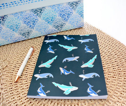 Whale Pattern Layflat Soft Cover Journal with Inspirational Phrase on Spine