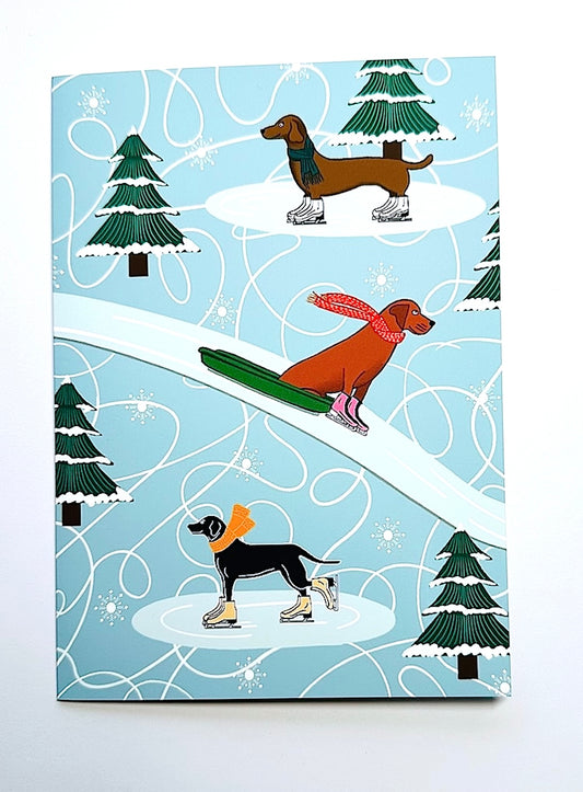 Winter Wonderland Ice Skating and Sledding Dogs with Scarves Christmas Holiday Greeting Card with Red Envelope